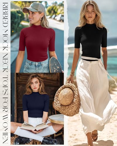 Image of Huukeay 4 Pack Women 1 /2 Half Sleeve Tops Mock Turtleneck Shirts