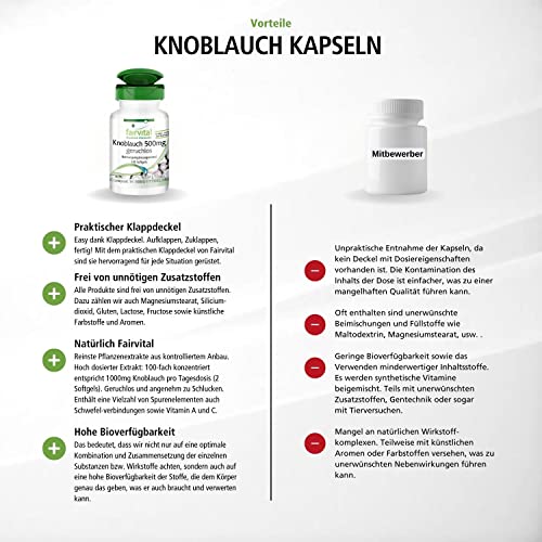 Fairvital | Knoblauch Kapseln 500mg - 100 Softgels - schluckfreundlich - enthält Alliicin - Knoblauch 100:1 Extrakt - HOCHDOSIERT & geruchslos