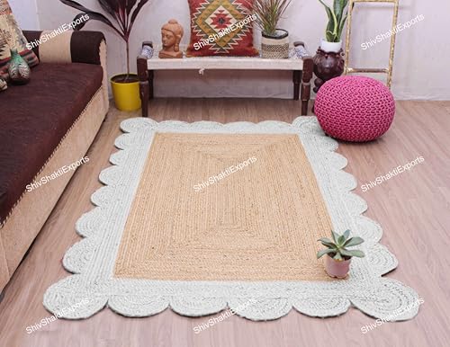 Scalloped Natural Jute Area Rug – Handwoven Boho Farmhouse Rug