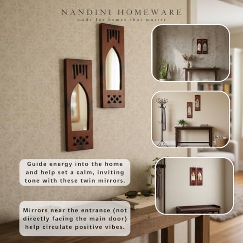 Image of Handcrafted Traditional Wooden Jharokha Wall Art with Mirror Work | Boho Vintage Style Wall Hanging | for Living Room, Bedroom & Home Interiors (Brown Modern Set of 2)