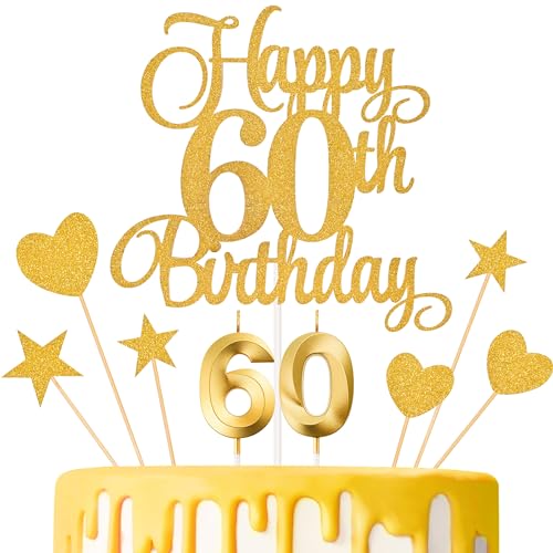 Lecferrarc 60th Birthday Cake Toppers, 60th Birthday Candles Numeral Candles and Glitter Cake Decorations Toppers Set for Party Supplies (Gold)
