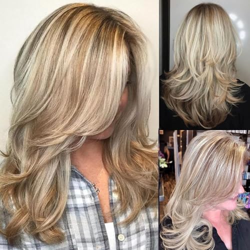 Zentora Curtain Bangs Layered Wavy Medium Brown Golden Strawberry Blonde