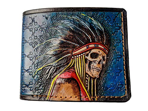 Indian Chief Skull, Native American Patriotic Card Holder, Apache, Headdress, Red Man, Men's 3D Genuine Leather Bifold Wallet, Carved wallet, Tooled wallet, Handmade Custom wallet, Personalized wallet