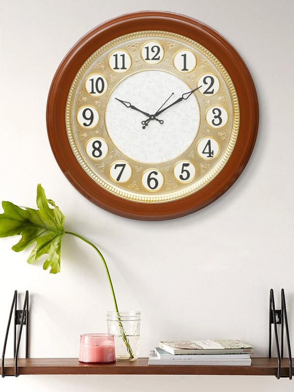 Image of CHRONIKLE Modern Stylish Non Ticking Silent Analog Round Plastic Wall Clock for Home, Living Room, Bedroom, Office, and Kitchen (Brown) (51 x 5 x 51 CM : Weight - 1780 Grm)