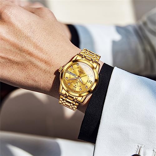 OLEVS Men's Casual Fashion Waterproof Gold Stainless Steel Band Quartz Gold Watches Gifts for Men