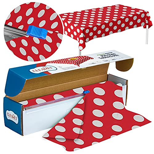 Clearly Elegant Red Polka Dot Picnic Party Plastic Tablecloth Roll, Disposable Table Cloth Roll With Self Cutter Box, Valentines, Baby Shower, Mickey Theme, Birthday (1 Red Polka Dot) #TOP6