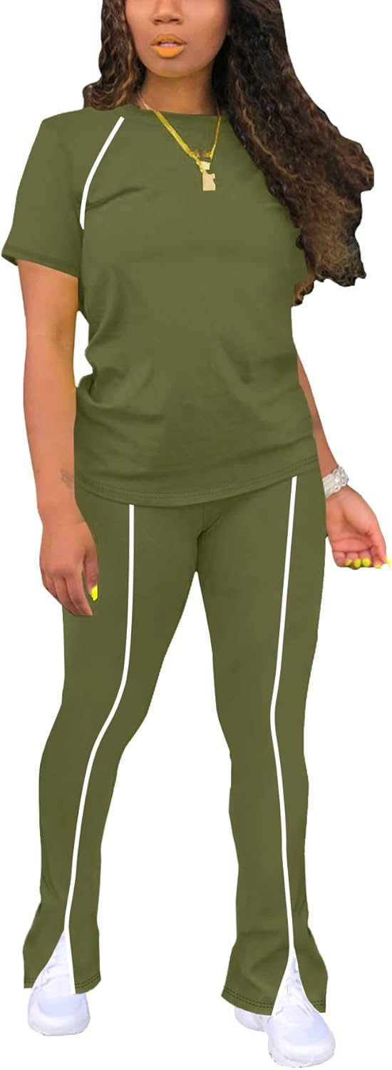 STOLKISS Women 2 Piece Outfits Summer Workout Sweatsuit Striped Short Sleeve Long Flare Pants Casual Vacation Tracksuit