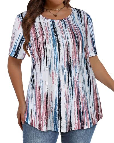 Image of Plus Size Tops for Women Pleated Summer Top Trendy Short Sleeve Shirts Casual Basic Tee Crew Neck Blouses 2026