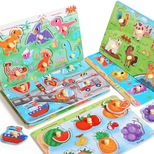 Generic Wooden Toddler Puzzle Toy for 1 2 3 Years Old, 6 Pcs Montessori Learning Peg Puzzles for Kids - Fruit, Dino, Animal, Farm, Sea Creature and Transport Topic, Birthday for Girls Boys