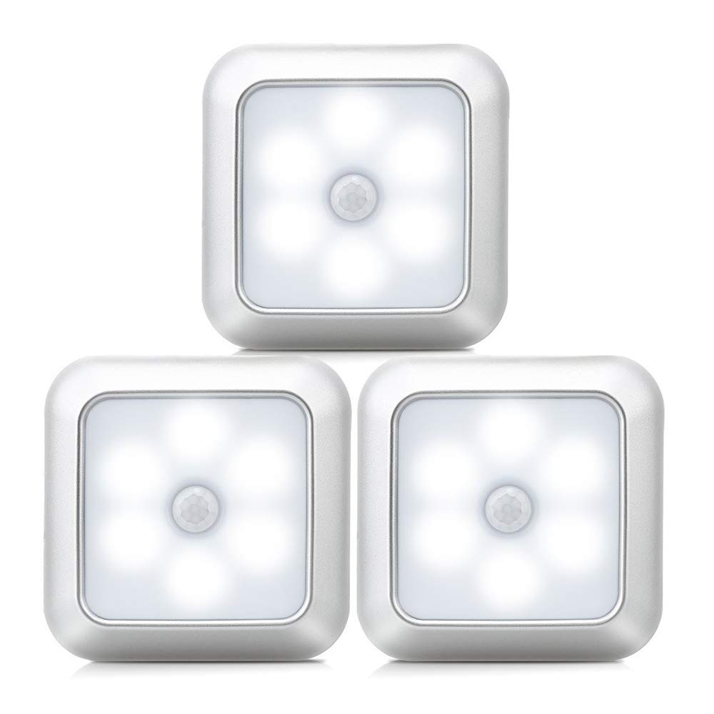 La luz del Sensor, Armario de luz, luz de Noche LED portátil, 6 súper Brillante Leds, con Pilas, móviles, imanes incorporados, luz Blanca para Escaleras, Pasillo-3 Pack