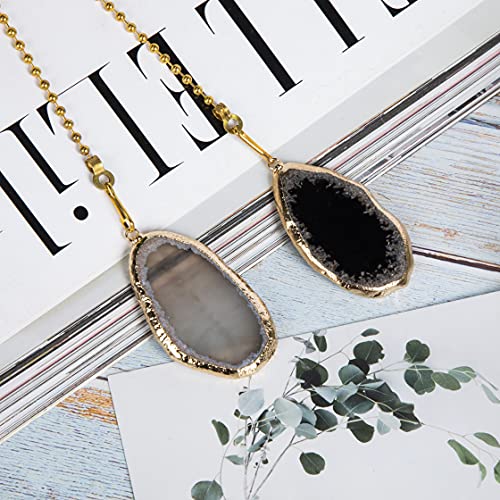 Pasbas Natural Agate Pull Chains Ceiling Fan Chain Ceiling Light Lamp Fan， Grey And Black With Gilt Edged Agate 12 Inches Fan Pulls Set With Connector #TOP1
