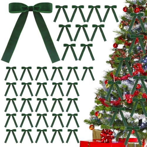 zzhxkjhky 36 Pcs Green Velvet Christmas Bows 5 x 7 Inch Vintage Christmas Tree Bows Velvet Bows for Rustic Christmas Decor Velvet Ribbon Bows for Christmas Wreaths Gifts Decor (Green, Width of 1")