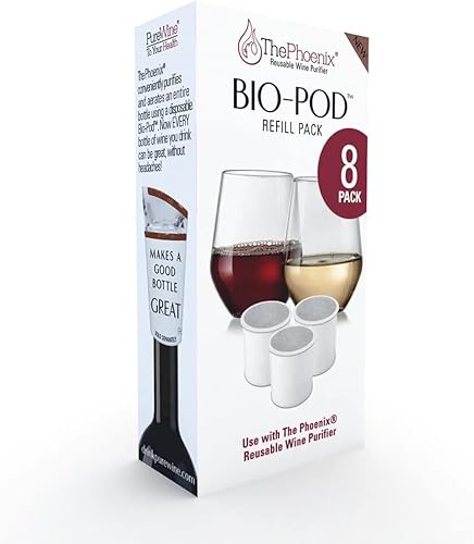 PureWine Phoenix Bio-Pods - Paquete de 8 repuestos para filtro de vino, ecológico, portátil, reutilizable, filtro y purificador de histamina y