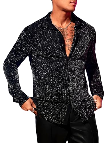 Verdusa Men's Glitter Shirts Long Sleeve Collar Button Down Party Shirt Top
