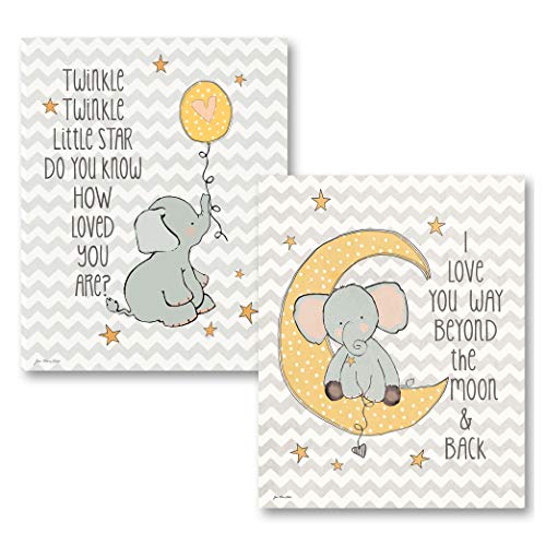 Gango Home Décor Twinkle Love and Two the Moon on Chevron; Two 8x10in Poster Prints. Grey/White/Yellow