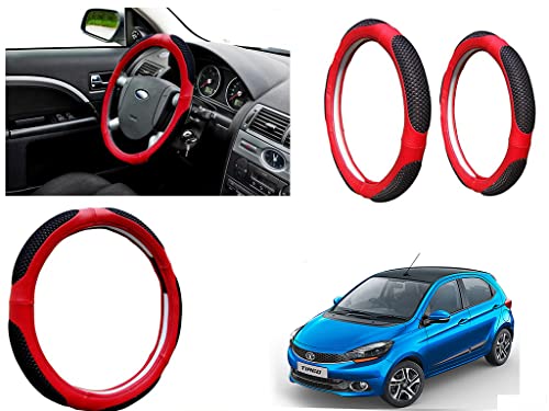 Image of Microfiber Car Steering Wheel Cover, Soft Padding Great Hand Feel, Anti-Slip, Faux Leather Steering Cover for Tata Tiago 2019 | Black Red Jali - Pack of 1