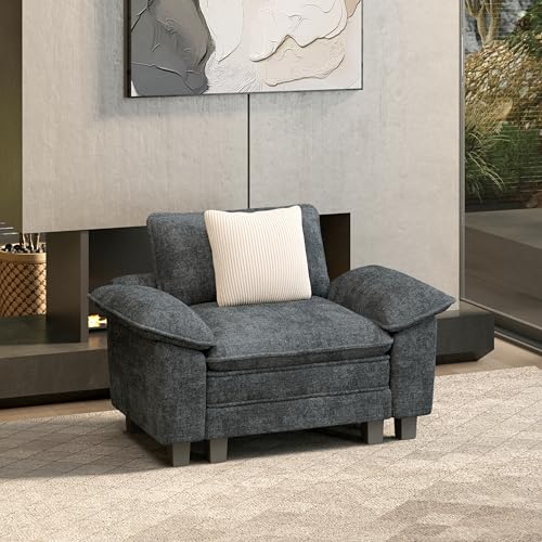 Image of HERA'S HOUSE 1-Seat Modular Couch Accent Chair Sofa with Throw Pillow | Modern 53.5 inch Single Seat, Cyan, Wider Armrest, Comfy Deep Seat, Soft Chenille Sofa Chair for Living Room