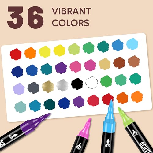 Image of Pagather 36 Colors Acrylic Paint Markers, Dual Tip with Fine Tip and Brush Tip Pens for Fabric, Stone, Wood, Canvas, Ceramic, Metal, Glass, Rock Painting, DIY Crafts