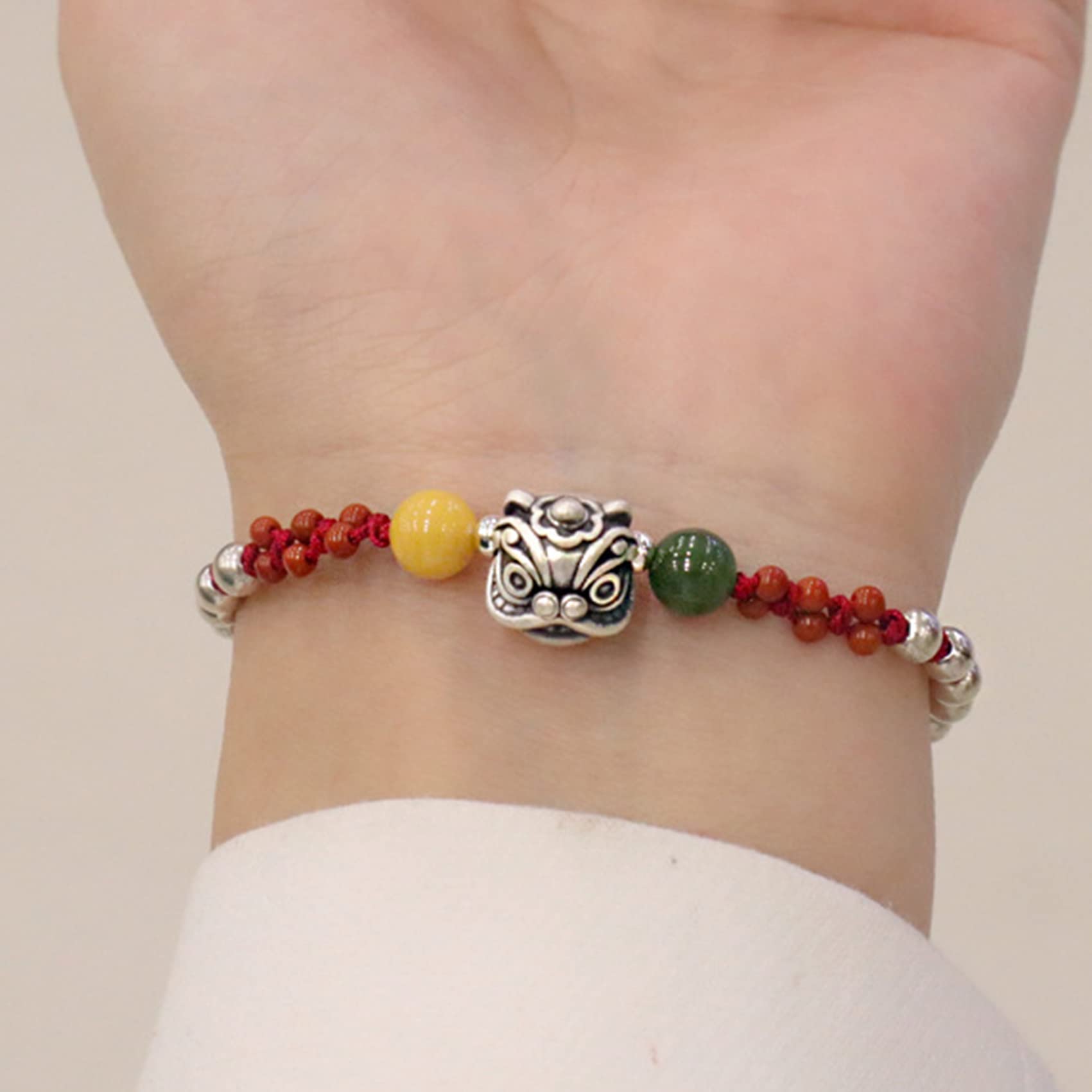 Brazalete encantado Pulsera de plata de ley 999 con león danzante, accesorio de plata antigua for mujeres y hombres, pulsera tejida con hilo rojo, amuleto, buena suerte, riqueza, joyería, regalos for