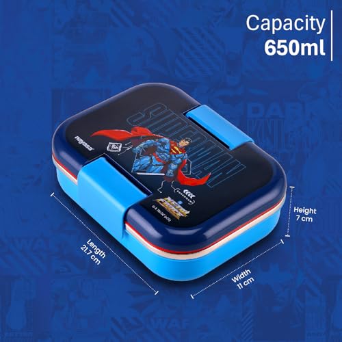 Image of Nayasa Marco Super Man Print 2 Compartment Stainless Steel Insulated Lunch Box for Kids | Vacuum Sealed Leak Proof Tiffin Box | 650 ml | Blue & Dark Blue