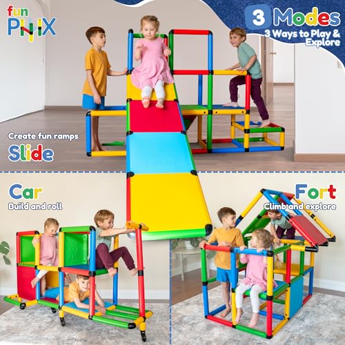 Funphix Construction Toys Fort Building Kit – 515Pcs STEM Kits Educational Toys Erector Set for Kids – 170Lbs Weight Capacity – Large Building Blocks with Wheels – Duplex Connectors