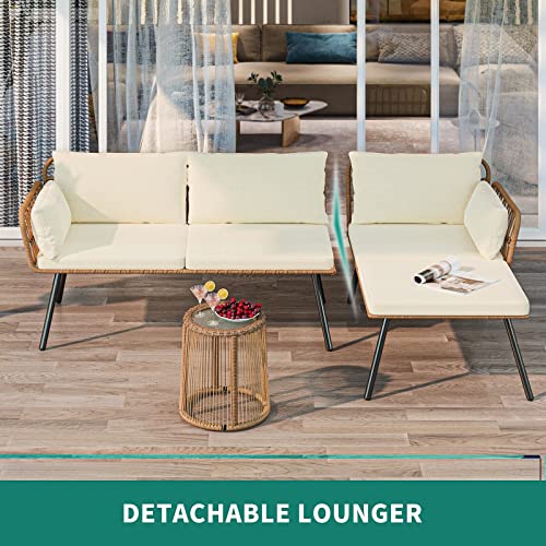 Image of LOCCUS 4-Piece Rattan Patio Sofa Set, All-Weather Wicker Conversation Furniture with Cushions & Center Table for Garden, Balcony, Poolside, Lawn, Porch, Indoor & Outdoor Use (Beige)