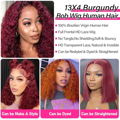 Image of 12 Inch Burgundy Bob Wig Human Hair 13x4 HD Deep Wave Lace Front Wigs Human Hair 99j Red Short Curly Bob Wig Water Wave Human Hair Wig 180% Density Glueless Wet Wavy Colored Wig for Women Pre Plucked