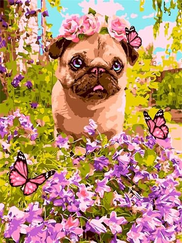 Qijinn Pintar por Numeros Adultos,sin Marco Perro de flores DIY Kit de Pintura Al óLeo de Lienzo con 3 Pinceles,Pigmento Acrílico Manualidades Hogar Decoración Paint by Numbers 45x60 cm
