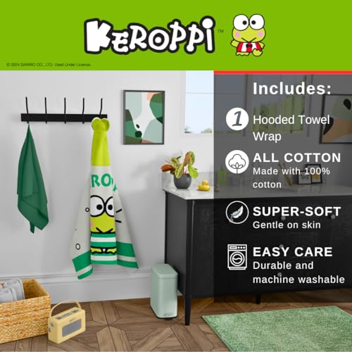Image of Sanrio Keroppi Kids Super Soft Bath /Pool /Beach Soft Cotton Terry Hooded Towel Wrap, 24 in x 50 in, (Officially Licensed Product) by Franco