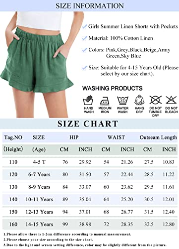 Haloumoning Girls Shorts Casual Linen Short Pants Summer Ruffle Hem Beach Shorts With Pockets Size 4-15 Army Green #TOP6