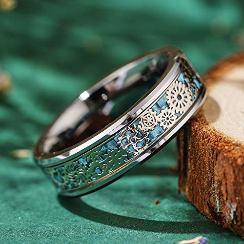 THREE KEYS JEWELRY Men Wedding Bands Tungsten Gear Punk Mechanical Foil Stone Meteorite Inlay Carbide Ring With Jewels Polished Infinity Unique for Him Blue Silver Size 8