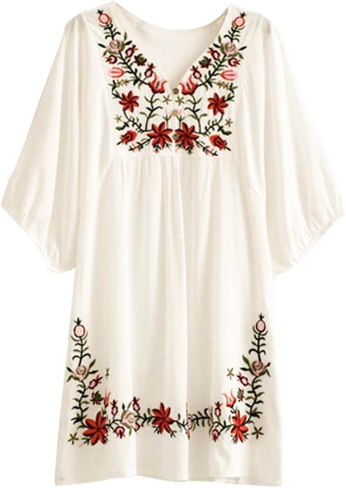 Womens White Mexican Embroidered Peasant Dressy Tops Blouses (One Size, Beige)