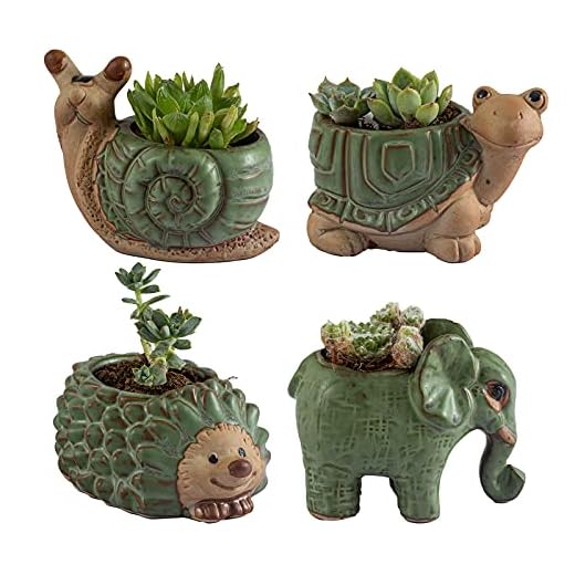 Small Succulent Pots with Drainage, Ceramic Animal Planter, Indoor Plant Pots, Cute Cactus/Bonsai Small Flower Pots for Home Decor and Office Desk Decoration, A Set of 4 Pieces is Suitable as A Gift