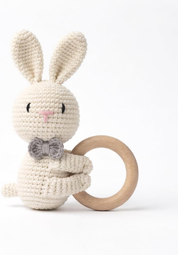 - Wooden Baby Rattle Crochet Bunny Baby Toys Handmade Newborn Toy Early Development Grips Stuffed Animal Organic Rattle (Rabbit)
