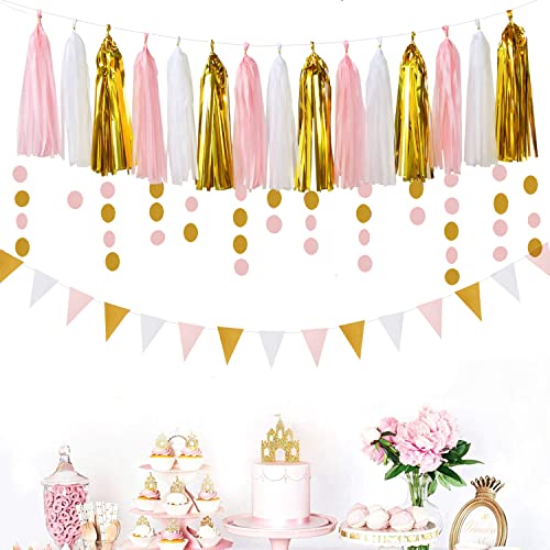 Image of Pink-White Gold Girl Birthday Party-Decorations - 23pcs Kits Tissue Paper Pom Poms Streamers,Princess Banner Flags,Bachelorette Baby Bridal Shower Engagement Decoration Tassel Garland Lasting Surprise