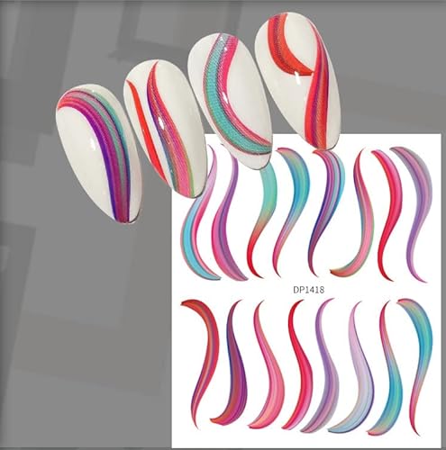 Jmeowio French Tip Nail Art Stickers Decals 3D Self-Adhesive Pegatinas Para Uñas Colorful Wave Lines Ribbons Lines Design Decoration Tools Accessories For Women Girls 6 Sheet thumb #7
