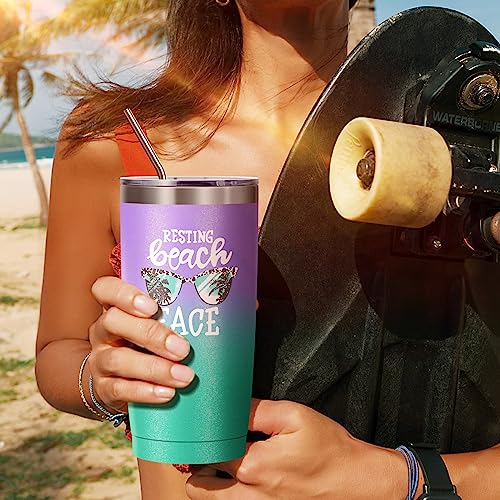 Athand 20 Oz Insulated Tumblers With Lid And Straw | Resting Beach Face Double Wall Stainless Steel Vacuum Coffee Wine Tumbler Funny Mug For Women Girls Christmas Gifts (Mint+Purple) #TOP5