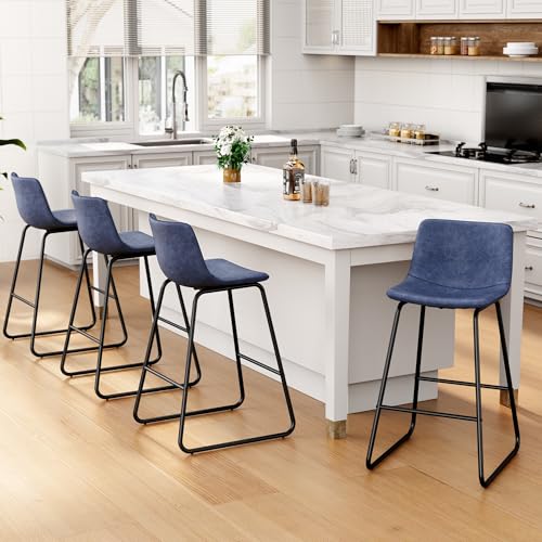 Image of REONEY Bar Stools Set of 3, 26 inch Urban Faux Leather Counter Stools, Navy