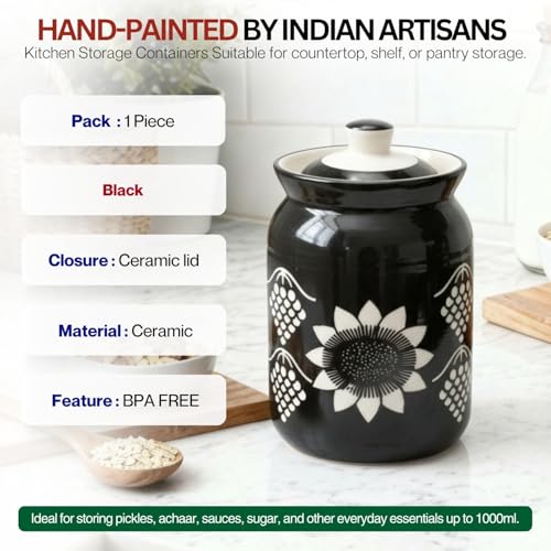Image of Black Grapes Printed Ceramic Handglazed Pickle Jars Set of 1-1000 ML Each | 1 kg Achaar Martban Barni Jar with Lid | Ceramic Storage Jar Container Pickle, Chatney