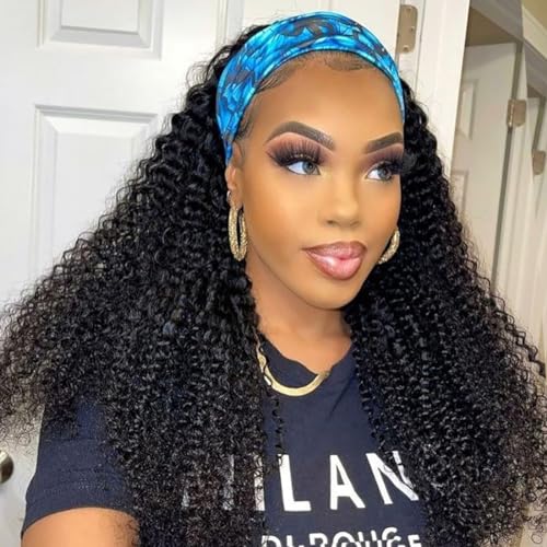 Image of XSY Headband Wig Human Hair Kinky Curly 18 Inch 150% Density Natural Color | Glueless No Lace Wigs Human Hair for Black Women 150% Density Curly Wig Natural Color