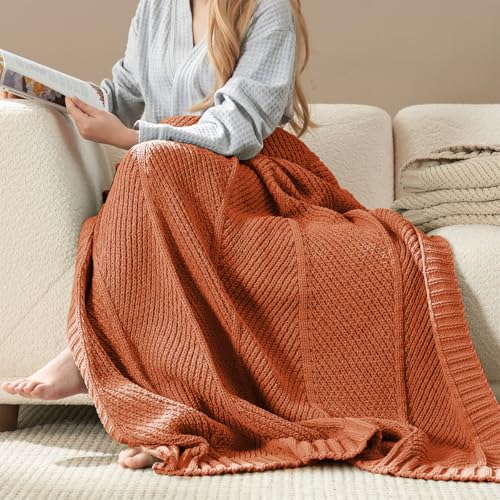 Amélie Home Chevron Chenille Knit Throw Blanket for Couch, Cozy Texture Decorative Soft Blanket for Sofa & Chair, 50"x60", Burnt Orange