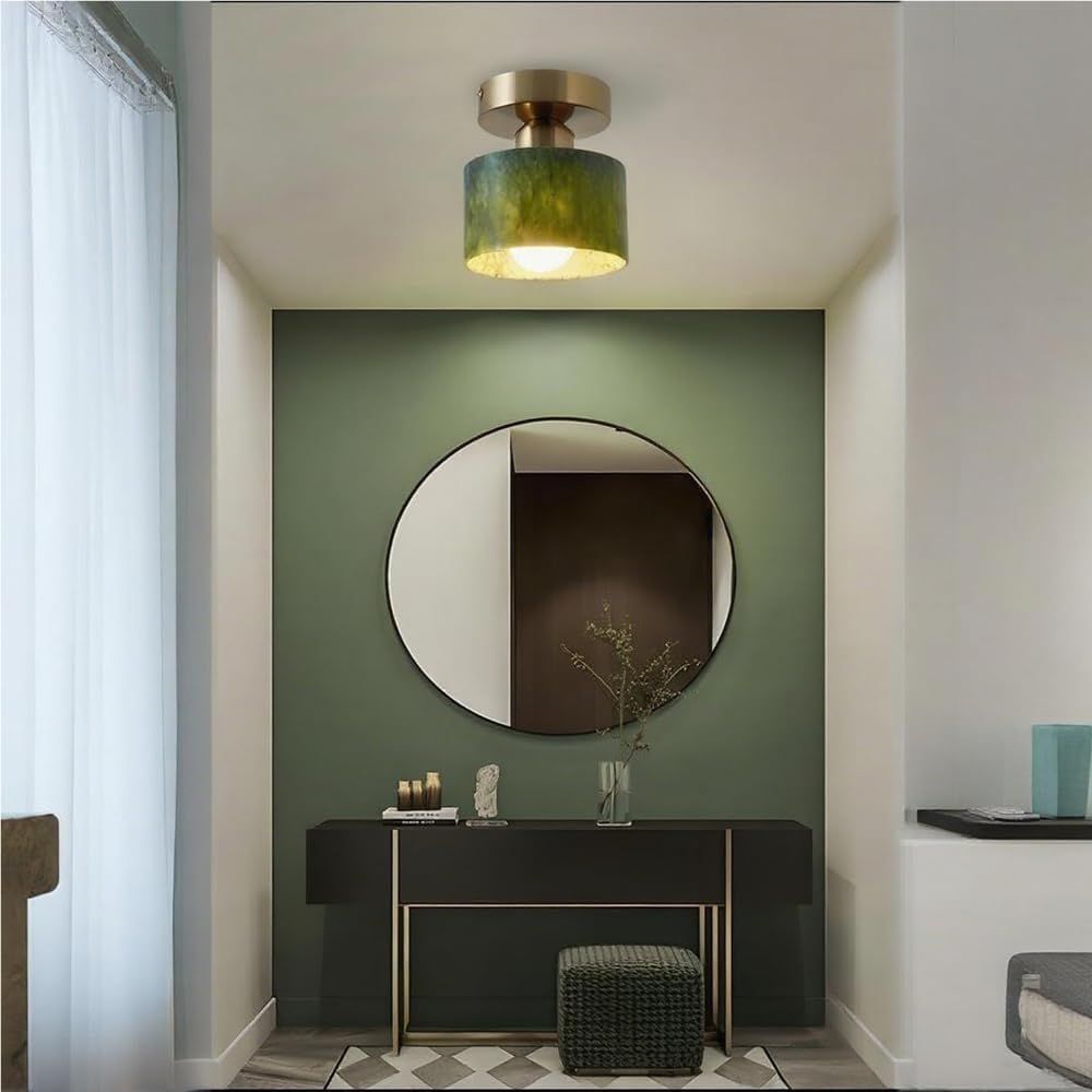 Modern Green Marble Semi Flush Mount Ceiling Light Fixture, Vintage Close to Ceiling Lamp, Nordic Farmhouse Ceiling Fixture for Living Room Aisle
