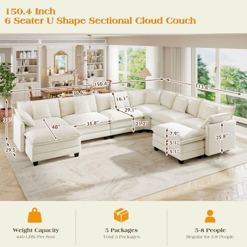 Image of Hanherry Modular Sectional Sofa,Cloud Couch for Living Room,Modern Deep Seat Sofa Chenille Fabric Comfy Couches with Throw Pillows & Movable Ottoman for Apartment