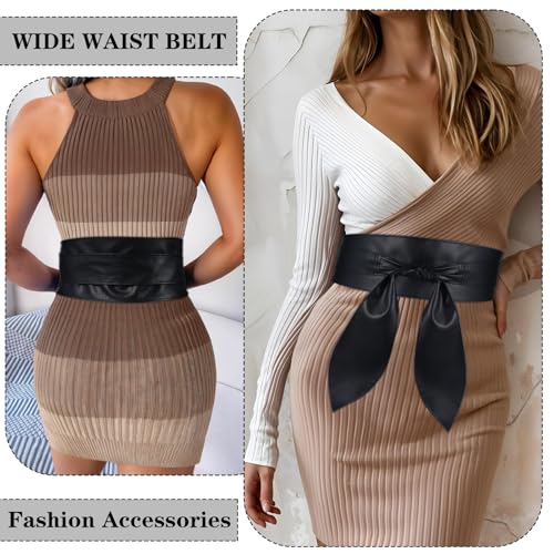 Black Belt Women,Wide Belts for Women Dresses,Womens Fashion Obi Belt Waist Belts for Womens Leather Fashion Wrap Wide Cinch for Dress Solid Color Trendy Bow Tie Wrap(Black)4