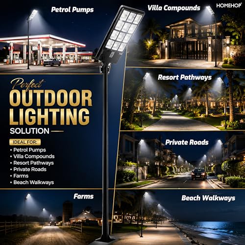 Image of Homehop Solar Light Outdoor Home Garden 320W Street Night Lamp Waterproof | Solar Street Light Outdoor Wall Automatic Motion Sensor LED Security for Road, Pathway with Pole (Cool White,18000mAh, ABS)