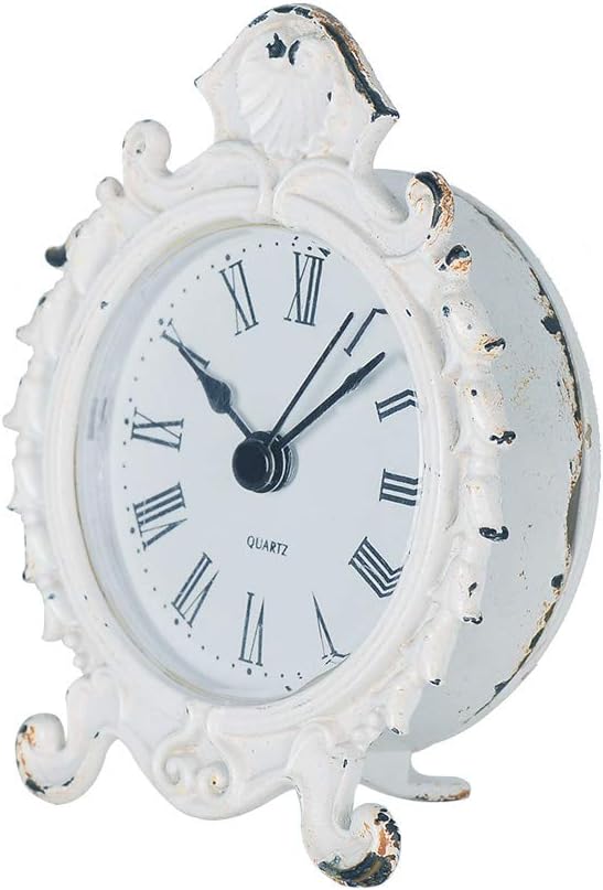 NIKKY HOME Baroque Style Small Mini Table Clock, Shabby Chic Rustic Pewter Round Quartz Shelf Desk Clock, White