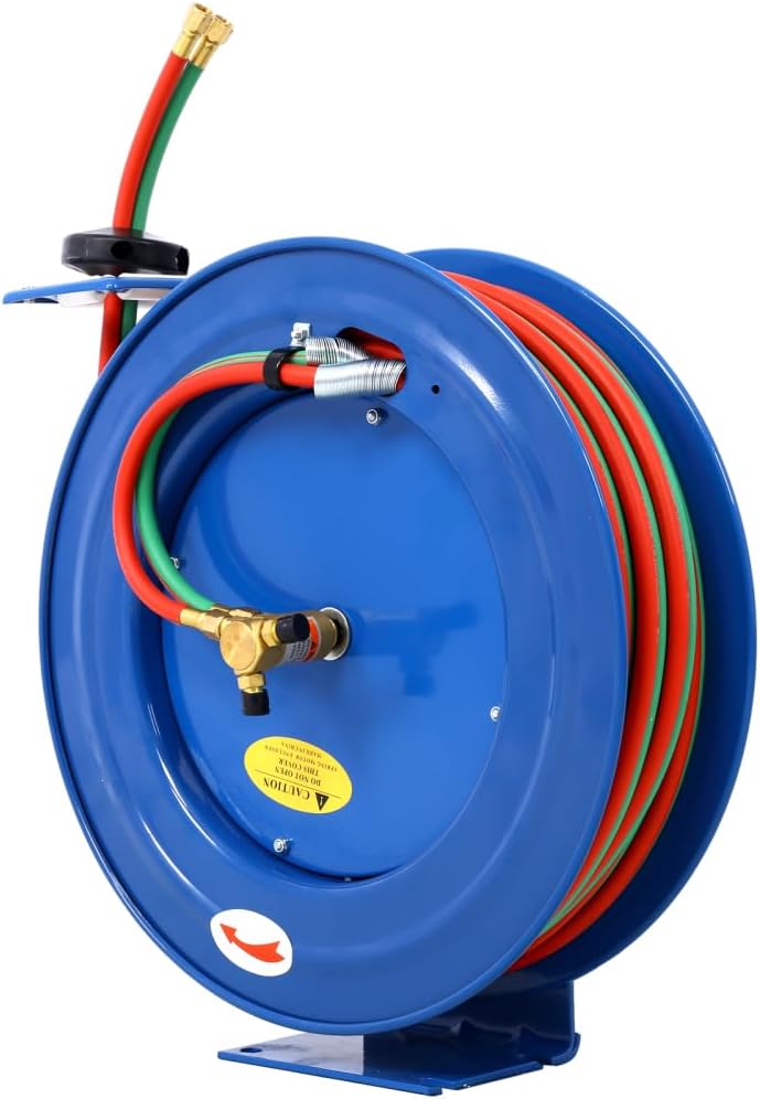 Heavy Duty Single Arm Welding Hose Reel Retractable 1/4 Inch x 100 Foot Twin Oxygen Acetylene Rubber Hoses, 200PSI Max Pressure, Industrial Construction