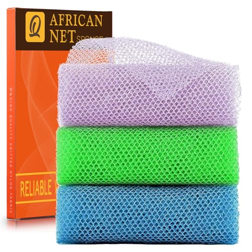 UJFQBH 3 Pieces African exfoliating net African Net Long Net Bath Sponge Exfoliating Shower Body Scrubber Back Scrubber Skin Smoother,Great for Daily Use (Purple, Blue, Green)