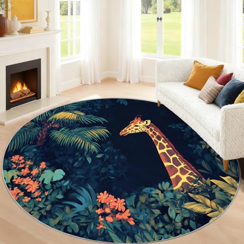Tapis rond antidérapant 210 cm motif girafe pour sécuriser le sol du salon