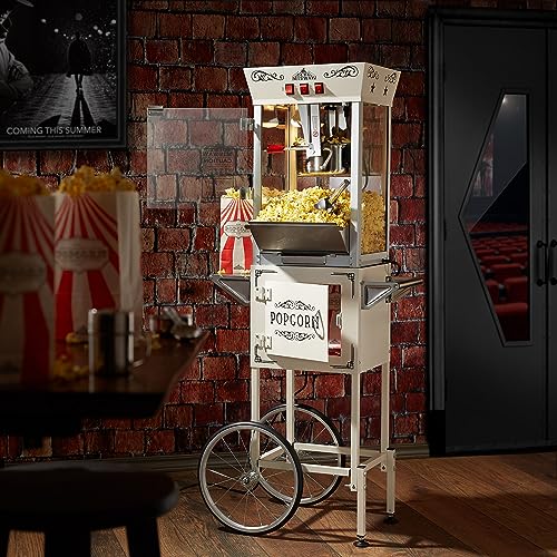 Olde Midway Movie Theater-Style Popcorn Machine Maker with Cart and 10-Ounce Kettle - Cream, Vintage-Style Popper on Wheels